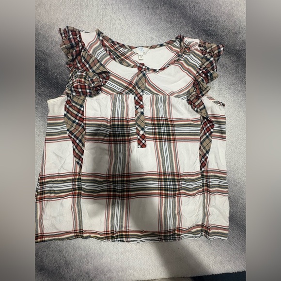 Time‎ and True White Multi Plaid Fall Ruffled Sleeveless Blouse Shirt Top Large - Picture 7 of 11